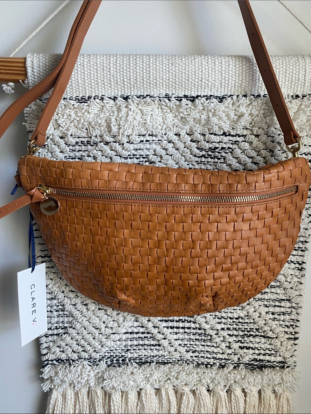 Clare V Grande Fanny Tan Woven Leather Crossbody Bag